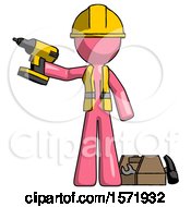 Poster, Art Print Of Pink Construction Worker Contractor Man Holding Drill Ready To Work Toolchest And Tools To Right