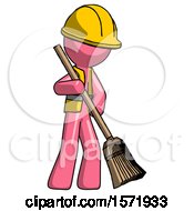 Poster, Art Print Of Pink Construction Worker Contractor Man Sweeping Area With Broom