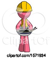 Poster, Art Print Of Pink Construction Worker Contractor Man Serving Or Presenting Noodles