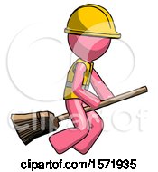 Poster, Art Print Of Pink Construction Worker Contractor Man Flying On Broom