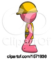 Poster, Art Print Of Pink Construction Worker Contractor Man Kneeling Left