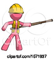 Poster, Art Print Of Pink Construction Worker Contractor Man Bo Staff Pointing Right Kung Fu Pose