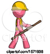 Poster, Art Print Of Pink Construction Worker Contractor Man Holding Bo Staff In Sideways Defense Pose