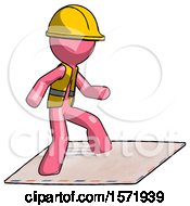 Poster, Art Print Of Pink Construction Worker Contractor Man On Postage Envelope Surfing