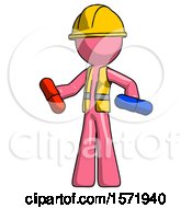 Poster, Art Print Of Pink Construction Worker Contractor Man Red Pill Or Blue Pill Concept