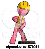 Poster, Art Print Of Pink Construction Worker Contractor Man Cleaning Services Janitor Sweeping Floor With Push Broom