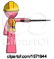 Poster, Art Print Of Pink Construction Worker Contractor Man Standing With Ninja Sword Katana Pointing Right