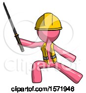 Poster, Art Print Of Pink Construction Worker Contractor Man With Ninja Sword Katana In Defense Pose