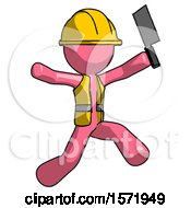 Poster, Art Print Of Pink Construction Worker Contractor Man Psycho Running With Meat Cleaver