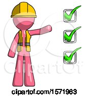 Poster, Art Print Of Pink Construction Worker Contractor Man Standing By List Of Checkmarks