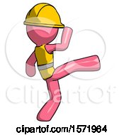 Poster, Art Print Of Pink Construction Worker Contractor Man Kick Pose