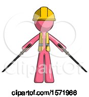 Poster, Art Print Of Pink Construction Worker Contractor Man Posing With Two Ninja Sword Katanas