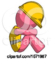Poster, Art Print Of Pink Construction Worker Contractor Man Sitting With Head Down Facing Sideways Right