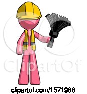 Poster, Art Print Of Pink Construction Worker Contractor Man Holding Feather Duster Facing Forward