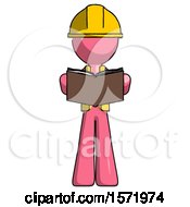 Poster, Art Print Of Pink Construction Worker Contractor Man Reading Book While Standing Up Facing Viewer