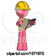 Poster, Art Print Of Pink Construction Worker Contractor Man Reading Book While Standing Up Facing Away