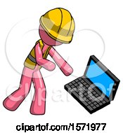 Pink Construction Worker Contractor Man Throwing Laptop Computer In Frustration
