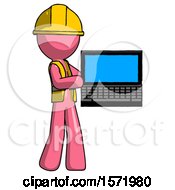 Poster, Art Print Of Pink Construction Worker Contractor Man Holding Laptop Computer Presenting Something On Screen