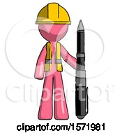 Poster, Art Print Of Pink Construction Worker Contractor Man Holding Large Pen