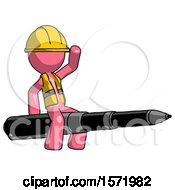 Poster, Art Print Of Pink Construction Worker Contractor Man Riding A Pen Like A Giant Rocket