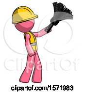 Poster, Art Print Of Pink Construction Worker Contractor Man Dusting With Feather Duster Upwards