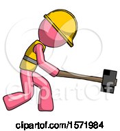 Poster, Art Print Of Pink Construction Worker Contractor Man Hitting With Sledgehammer Or Smashing Something