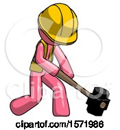 Poster, Art Print Of Pink Construction Worker Contractor Man Hitting With Sledgehammer Or Smashing Something At Angle
