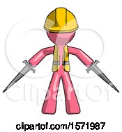 Poster, Art Print Of Pink Construction Worker Contractor Man Two Sword Defense Pose