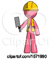 Poster, Art Print Of Pink Construction Worker Contractor Man Holding Meat Cleaver