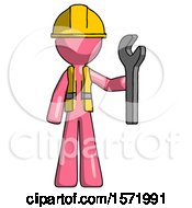 Pink Construction Worker Contractor Man Holding Wrench Ready To Repair Or Work