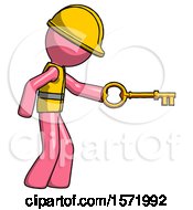Poster, Art Print Of Pink Construction Worker Contractor Man With Big Key Of Gold Opening Something