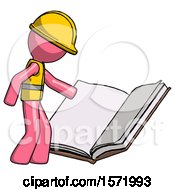 Pink Construction Worker Contractor Man Reading Big Book While Standing Beside It
