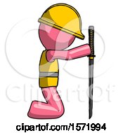 Poster, Art Print Of Pink Construction Worker Contractor Man Kneeling With Ninja Sword Katana Showing Respect