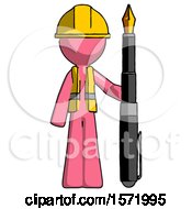 Poster, Art Print Of Pink Construction Worker Contractor Man Holding Giant Calligraphy Pen