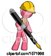 Poster, Art Print Of Pink Construction Worker Contractor Man Drawing Or Writing With Large Calligraphy Pen