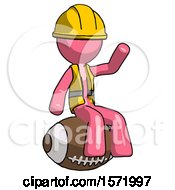 Poster, Art Print Of Pink Construction Worker Contractor Man Sitting On Giant Football