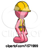 Poster, Art Print Of Pink Construction Worker Contractor Man Kneeling Angle View Right