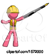 Poster, Art Print Of Pink Construction Worker Contractor Man Pen Is Mightier Than The Sword Calligraphy Pose