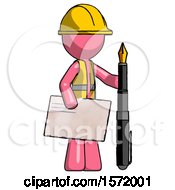 Poster, Art Print Of Pink Construction Worker Contractor Man Holding Large Envelope And Calligraphy Pen