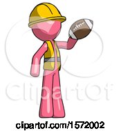 Poster, Art Print Of Pink Construction Worker Contractor Man Holding Football Up