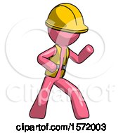 Poster, Art Print Of Pink Construction Worker Contractor Man Martial Arts Defense Pose Right
