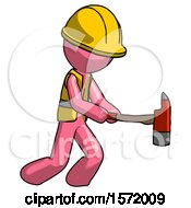 Poster, Art Print Of Pink Construction Worker Contractor Man With Ax Hitting Striking Or Chopping