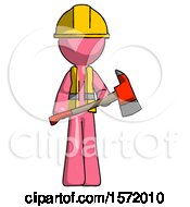 Poster, Art Print Of Pink Construction Worker Contractor Man Holding Red Fire Fighters Ax