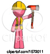 Poster, Art Print Of Pink Construction Worker Contractor Man Holding Up Red Firefighters Ax