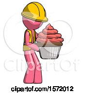 Poster, Art Print Of Pink Construction Worker Contractor Man Holding Large Cupcake Ready To Eat Or Serve