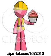Poster, Art Print Of Pink Construction Worker Contractor Man Presenting Pink Cupcake To Viewer