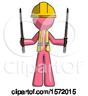 Poster, Art Print Of Pink Construction Worker Contractor Man Posing With Two Ninja Sword Katanas Up