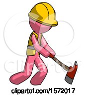Poster, Art Print Of Pink Construction Worker Contractor Man Striking With A Red Firefighters Ax
