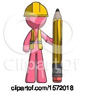 Poster, Art Print Of Pink Construction Worker Contractor Man With Large Pencil Standing Ready To Write