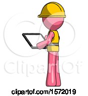 Poster, Art Print Of Pink Construction Worker Contractor Man Looking At Tablet Device Computer With Back To Viewer